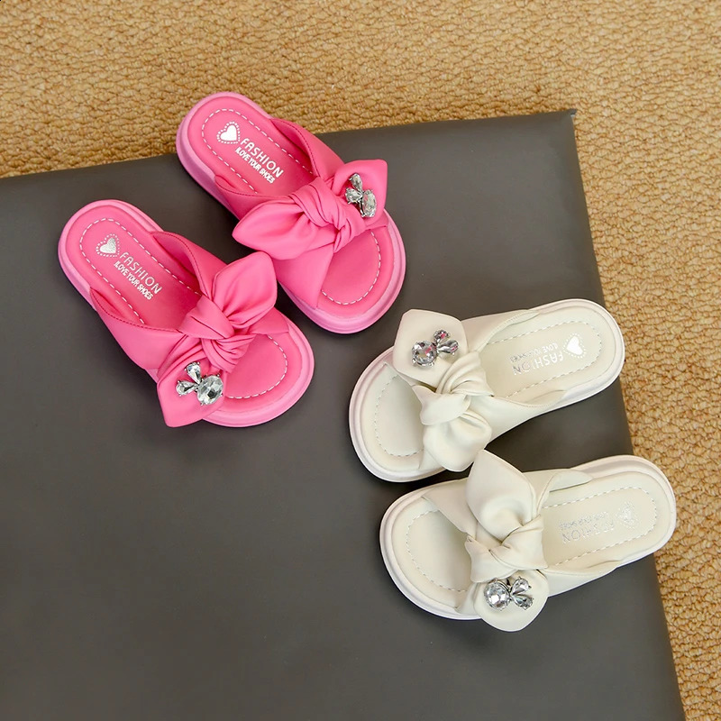 Girls Rhinestones Slippers Thick Bottom Children Summer Beach Shoes Non Slip Solid Color Fashion Kids Indoor Outdoor Slippers 250411