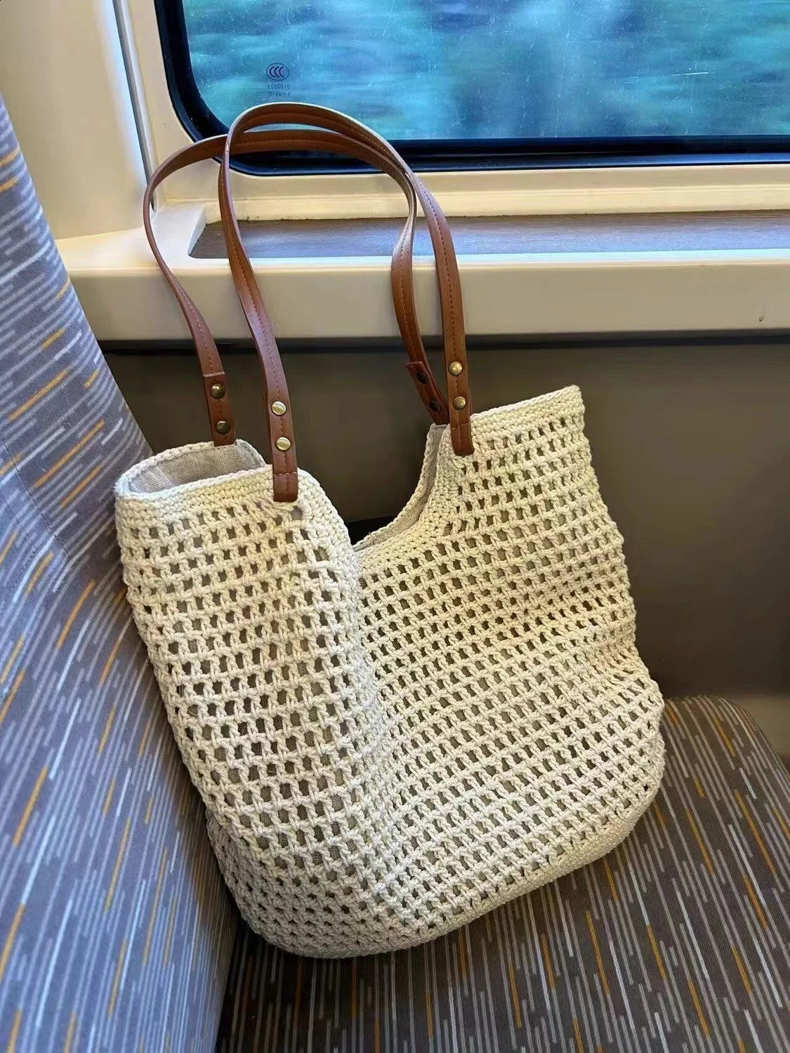 Leisure hollow mesh large capacity hand-held tote bag cotton woven shoulder bag summer Bali beach vacation womens bag 250407
