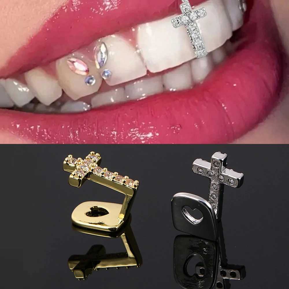 Hip hop glitter copper cross stone teeth Grilz cubic zircon hat mens jewelry Unsiex top charm grill W250412