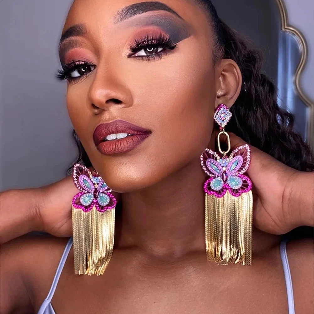 Shiny Purple Butterfly Tassel Earrings Y2k Elegant for Women Crystal Pendant Earrings Charms Jewelry Tending 250411