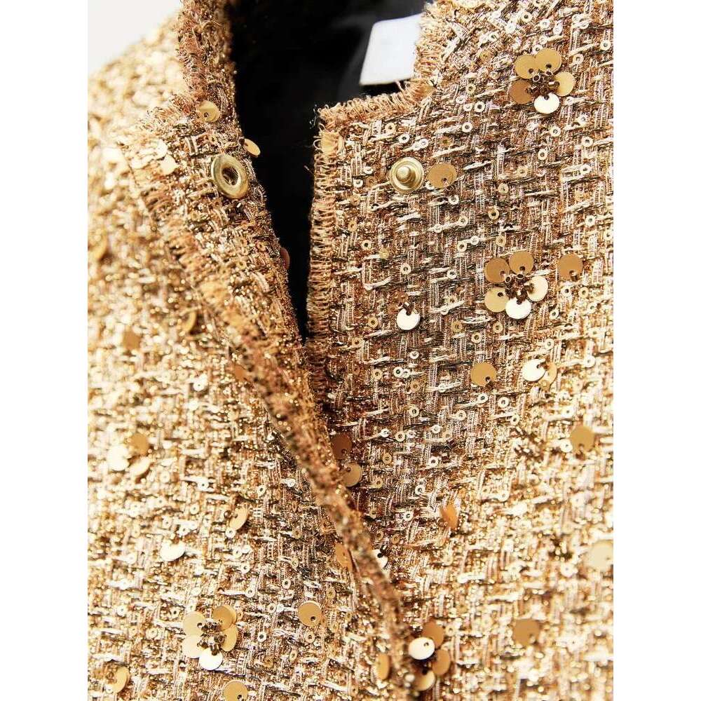ZBZA Women's Sequined Bomber Fall New Round Neck Long Sleeve Pocket Stretch Hem Sequins Jacket Coat Female Chic Outerwear