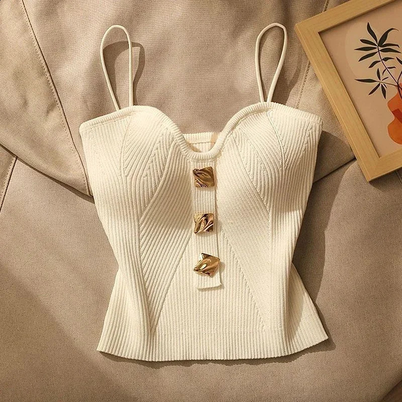 Summer cross knit pendant womens French sexy beauty vest slim fit sleeveless Tshirt without chest cushion short sleeved 250407