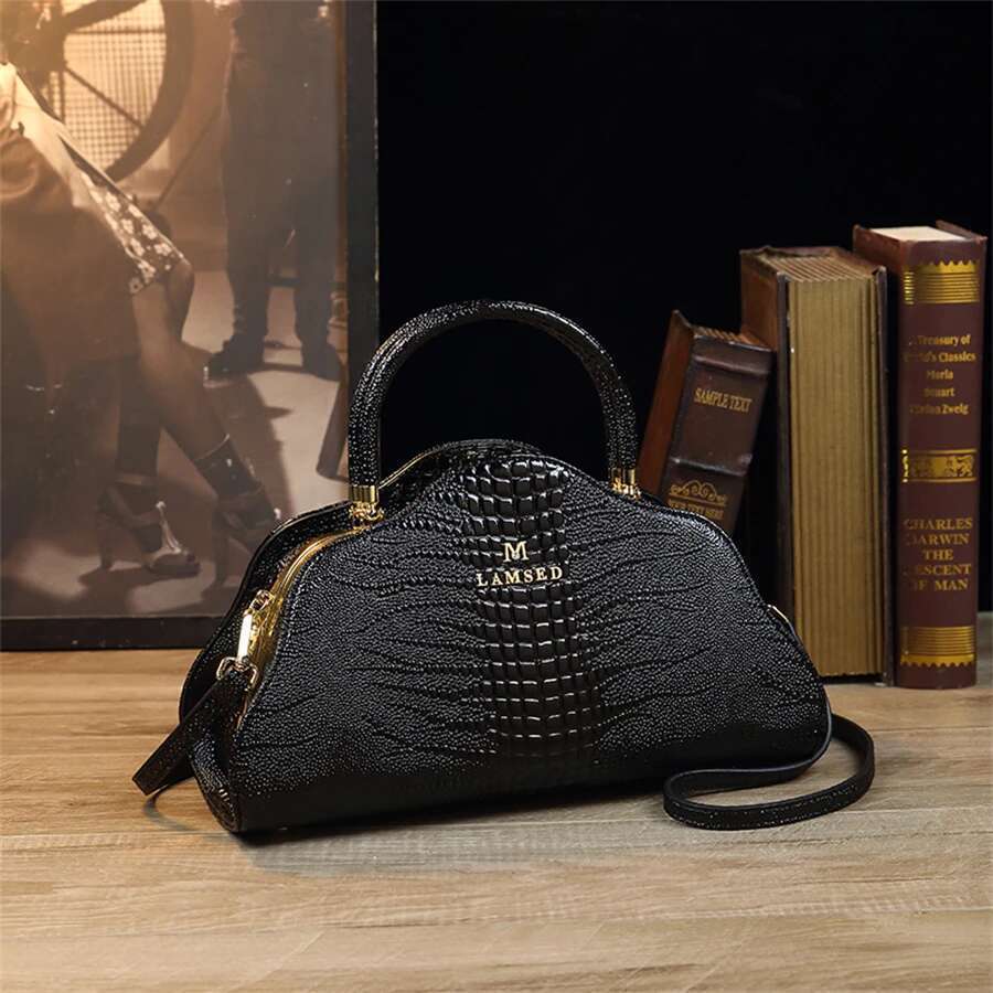 Vintage Crocodile Print Tote Retro PU Shoulder Bag, Women's Fashion Handbag & Satchel Purse Girl Pink Elegant Cloud Bag