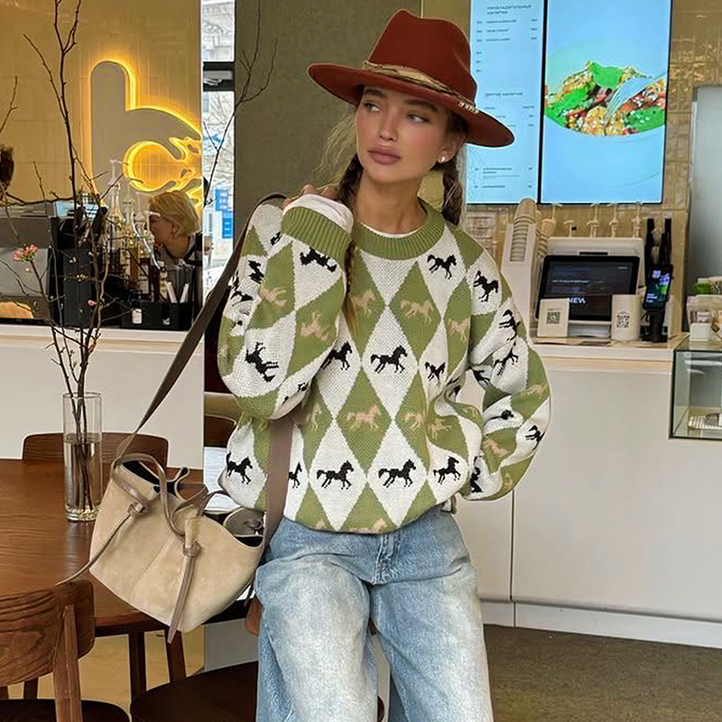 Women's contrast color sweater round neck long sleeve autumn winter casual style pullover sweater street style loose fashion elements all-match h