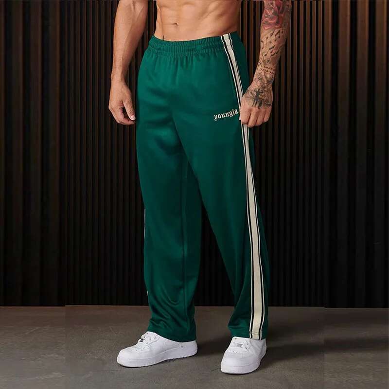 2025YOUNGLA, Men's with Ribbon Stripe Splicing Embroidered Casual Pants, Gym Sports Straight Pants