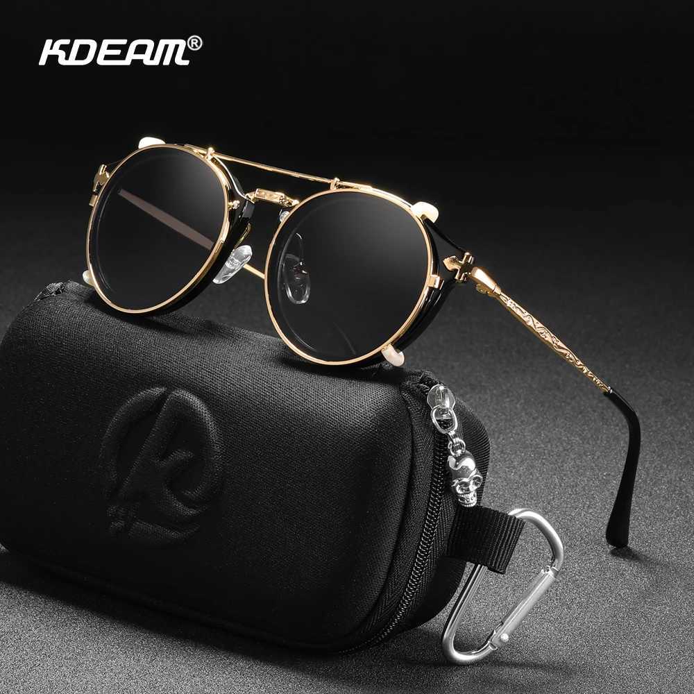 KDEAM Flip Sunglasses Vintage Women Clip On Lens Round Sunglass Female Exquisite Carved Glasses Temple With Zipper Case Z250411