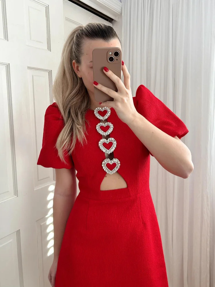 Sexy Metal Love Evening Dress Women Hollow Out Puff Short Sleeve Slim Red Mini Dresses Fashion Ladies Elegant Party Robes 250409