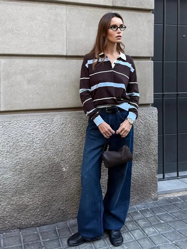 Fashion Stripe Knitted Polo Shirt for Women Casual Female Lapel Long Sleeve T-Shirt Spring Loose Lady Polo Collar Knitting Tops 250411