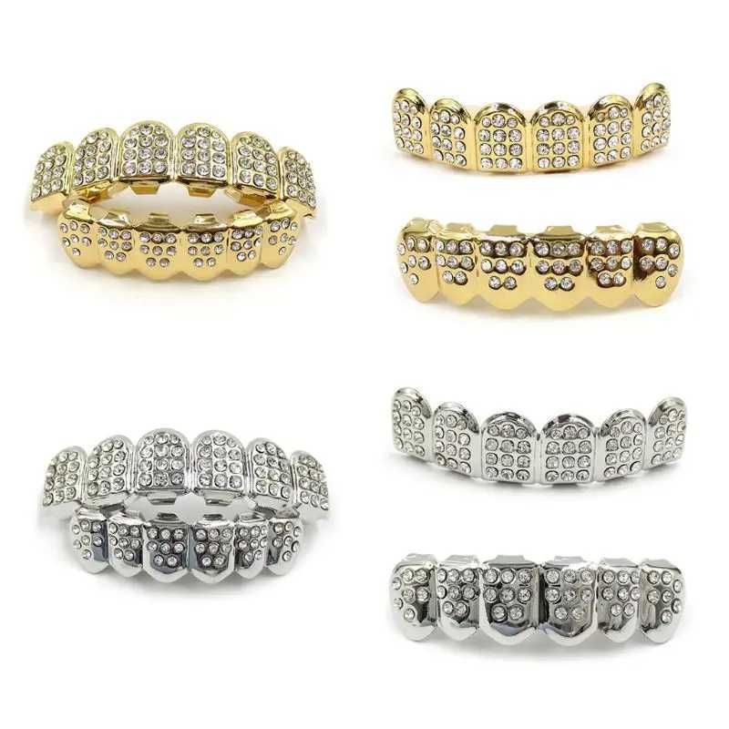 New Fshion Hip Hop Gold Silver Ice Out CZ Teeth Grillz Top Bottom Mens Jewelry Party Gift W250412