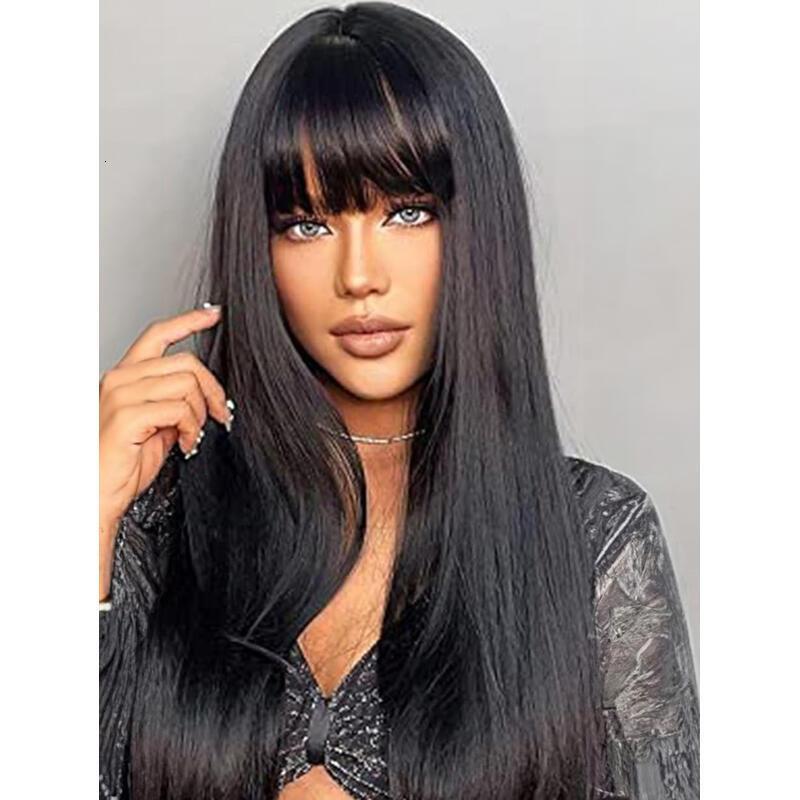 Long Natural Women,Natural Black Wigs with Bangs Layered Shoulder Length Synthetic Wig for Daily Party (24 inch)
