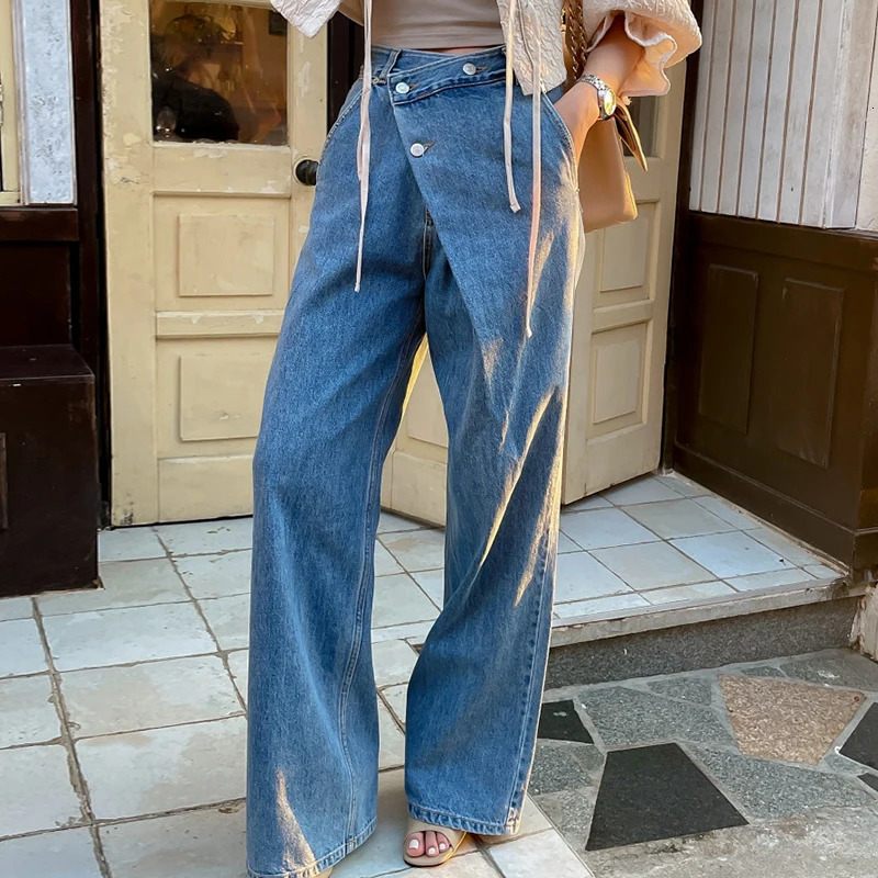High Waist Wide Leg Jeans Womens Autumn Vintage Chic Asymmetrical Bule Long Pants Versatile Faionable Deep Color Z260313