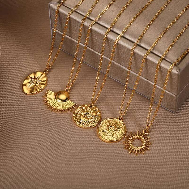 Fashion Stainless Steel Geometric for Women Gold Color Sun Ray Pendant Necklace Bohemian Jewelry Gift