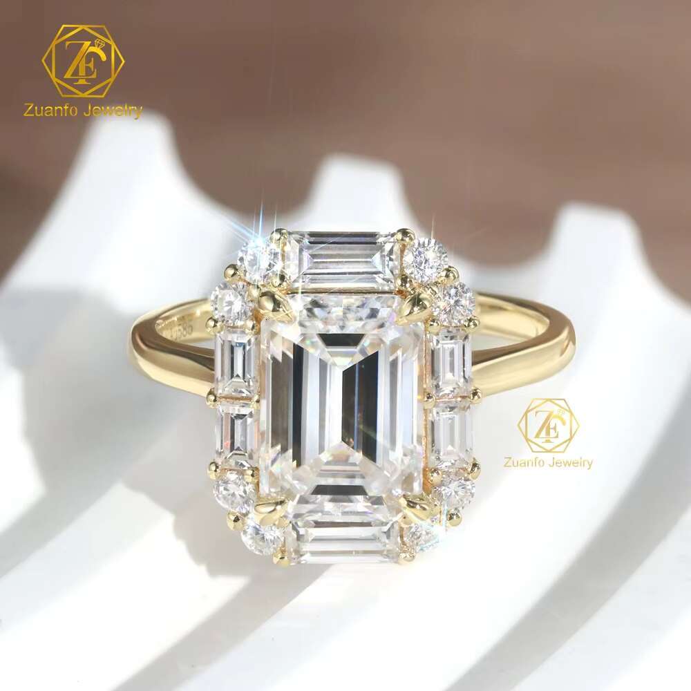 D FL Color Moissanite Emerald Shape 3.5CT 7x10mm Diamond 14K Yellow Gold Wedding Ring for Lady