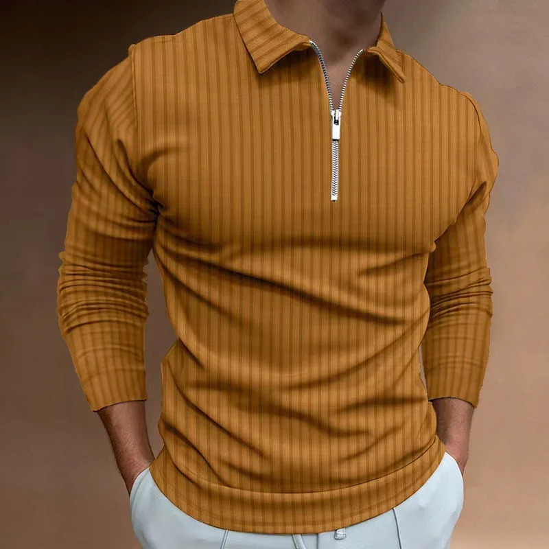mens autumn and winter solid color lapel casual sports polo shirt with zipper long sleeves and high elasticity 250411