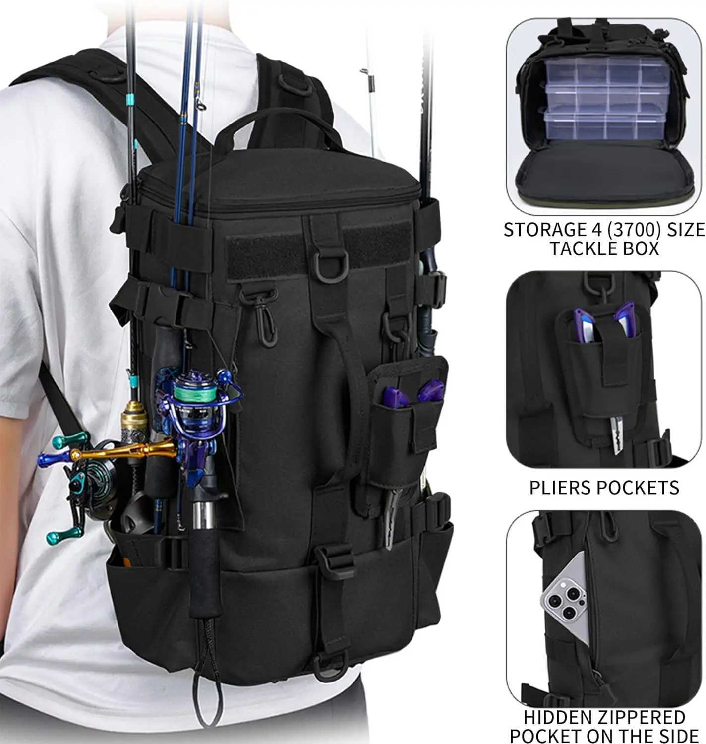 Tactical Fishing Backpack Tackle Bag with Rod Holders Fish Equipment Storage Molle Camping Hiking Outdoor Multifunctional Bag Z250411