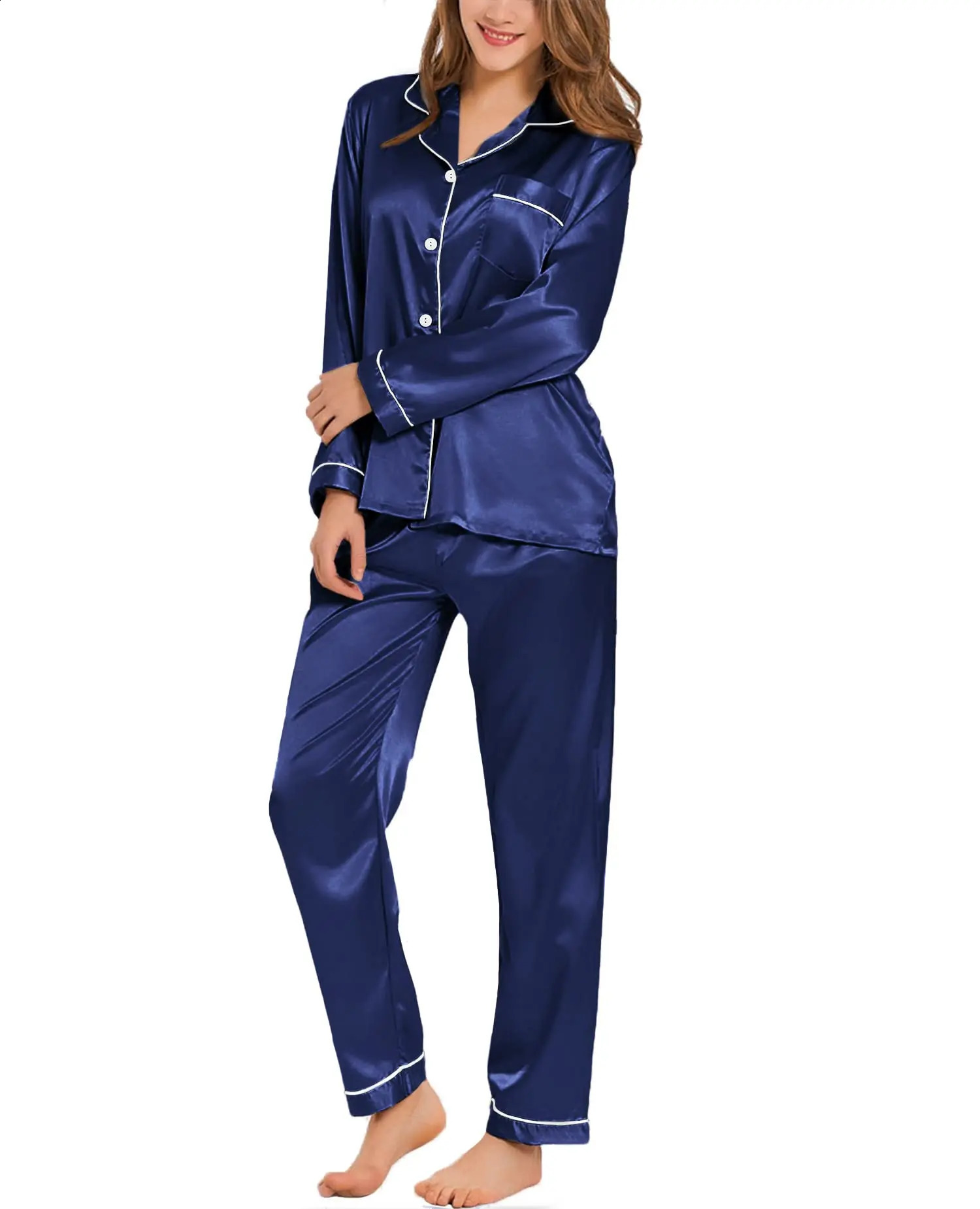 Womens Silk Satin Pajamas Loungewear Two-piece Sleepwear Button-Down Full Sleeve Long Pj Set 250411