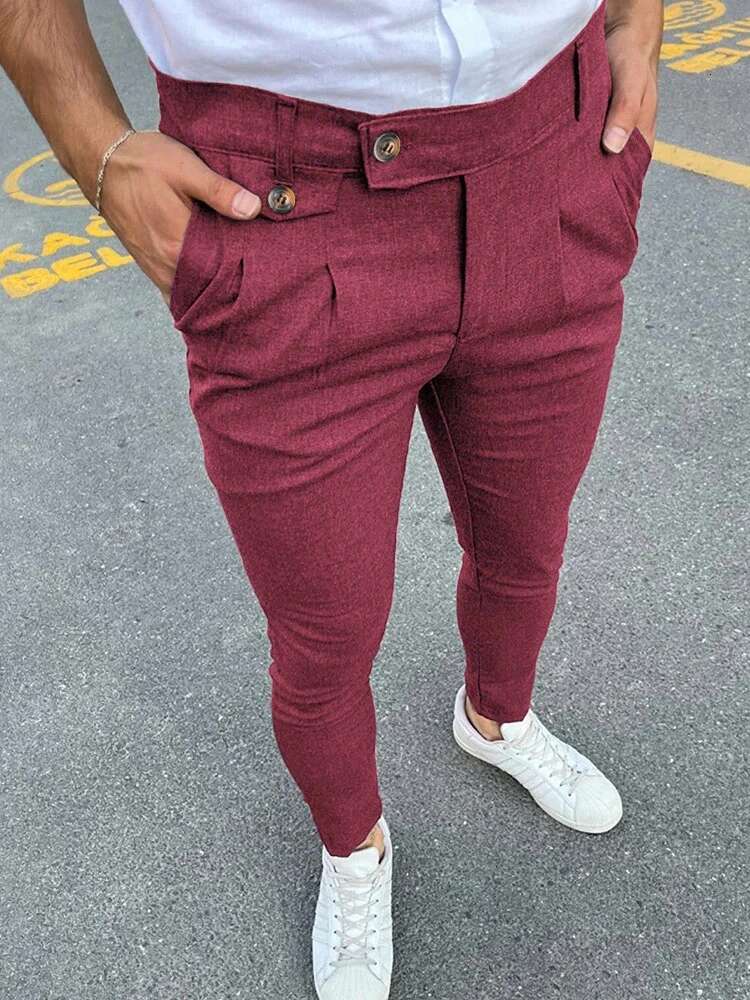 2024 Spring Summer New Casual Suit Men Vintage Solid Color Slim Pencil Pants Fashion Button Waist Design Mens Trousers