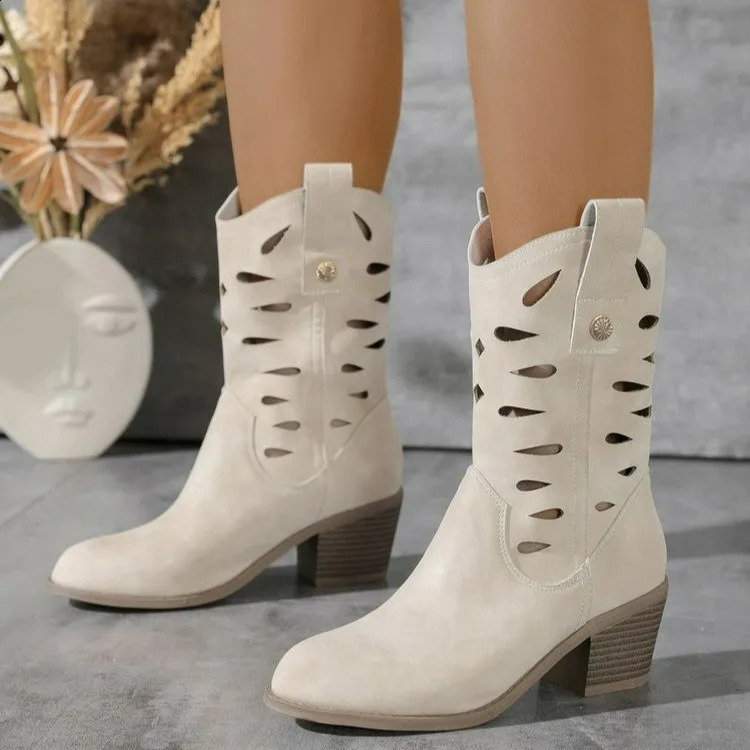 Womens Ankle Boots Hollow Heels Western Boots Winter Shoes Trend Party Dress Chunky Womens Boots Chelsea 250411