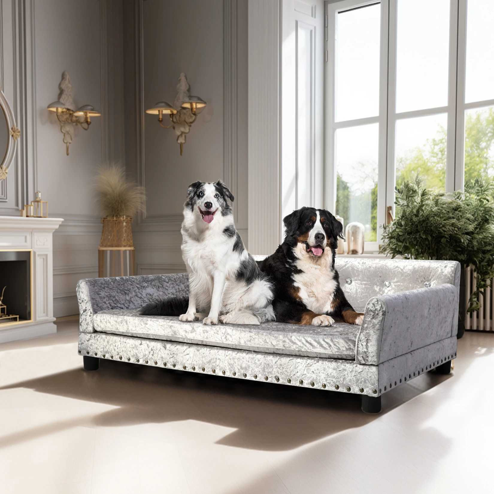 Dutch velvet decorated pet lounge chair dog bed sofa sofa bed solid wood legs detachable mat pet supplies L XXL X250412