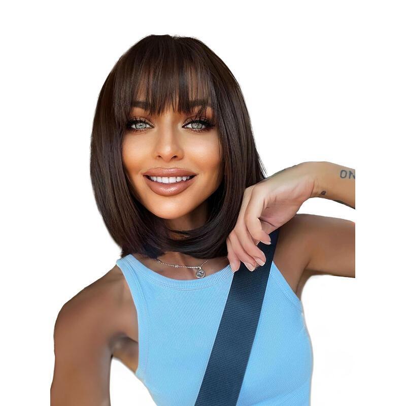 Medium-length straight hair fully hined 14 inches heat-resistant fiber high temperature silk dyeable and permable bangs synthetic wig Short Bob for en