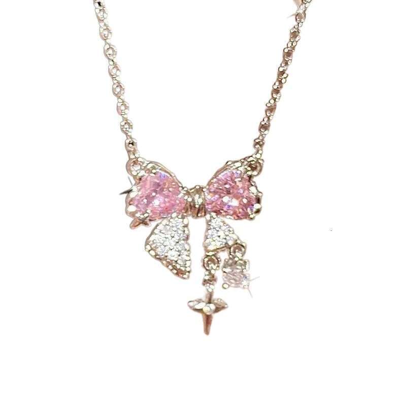 Sweet Pink Bow Necklace Ladies Fashion Sparkg Rhie Star Shape Pendant Clavicle Chain Delicate Wedding Accesories