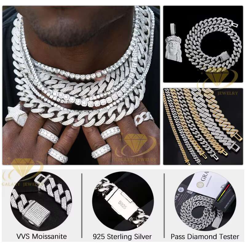 Hip Hop Moissanite Mens Jewelry 3 Rows Full Iced Out VVS Moissanite Diamonds 20mm Width 925 Solid Silver Miami Cuban Link Chain