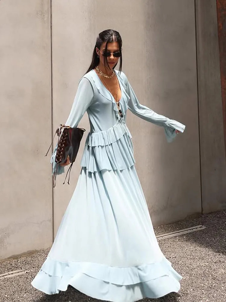 Women Blue Ruffles Hem Top Skirt Set Chic Long Flare Sleeve V Neck Blouse Loose Skirts Suit 2025 Summer High Street Lady Outfit 250411