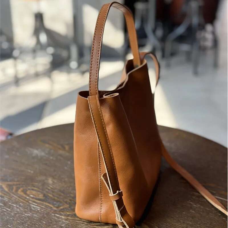 2025 New Genuine Leather Simple Bucket Shoulder Bags Vintage Large Capacity Cowhide Solid Color Women Handbag
