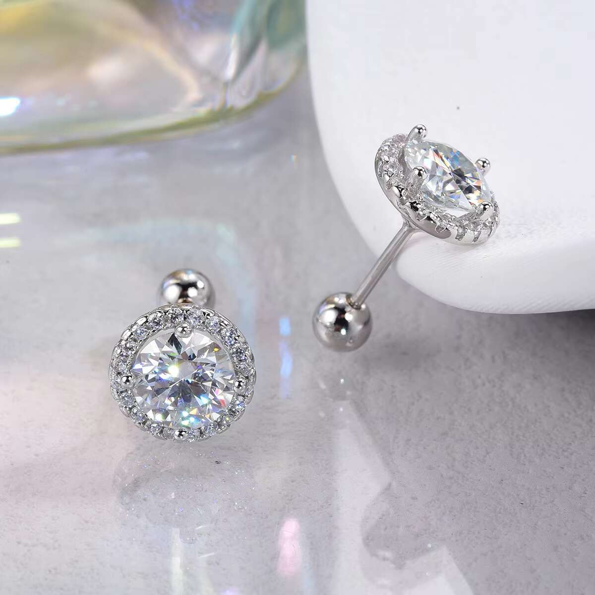 Luxury Diamond Moissanite Round Stud Earrings S925 Silver Twist Bead Design Stud Earrings for Women Men Fine Jewelry