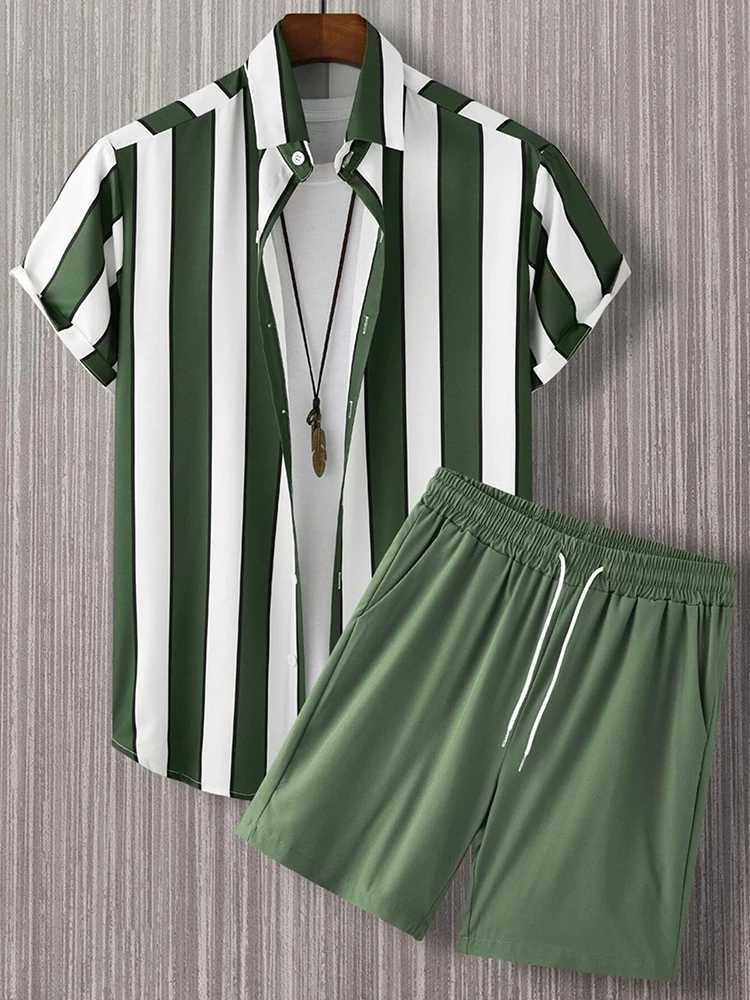 2025 New Hawaii Beach Leisure Set Single Chest Short Sleeve Summer Vacation Travel Stripe SetXJ250412