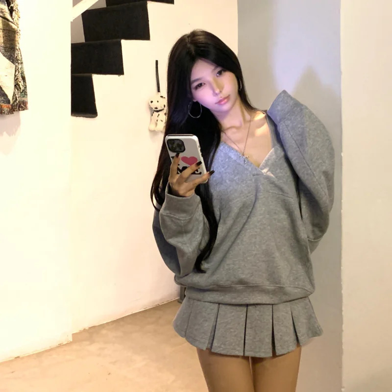 Womens Y2K Vneck Pullover Hoodie Solid Harajuku Long Sleeve Oversized Loose Clothing 250411