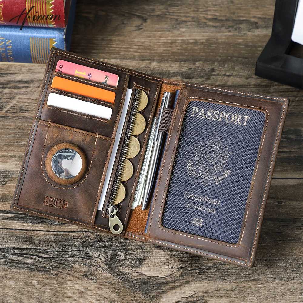 Genuine cowhide passport holder with Airtag shell travel wallet anti loss pocket pen card holder RFID blocking passport cover Z250411