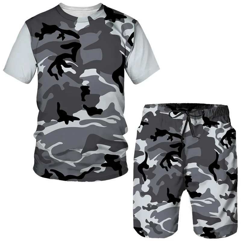 Summer mens shorts set mens street T-shirt two-piece 3D camouflage printed casual sportswear O-neck sportswearXJ250412
