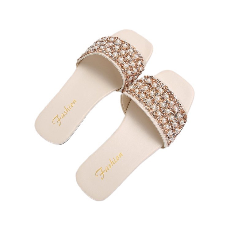 Ladies 2025 summer small fragrance foreign trade flat large size slippers square first color diamond pearl line cross border flip-flops