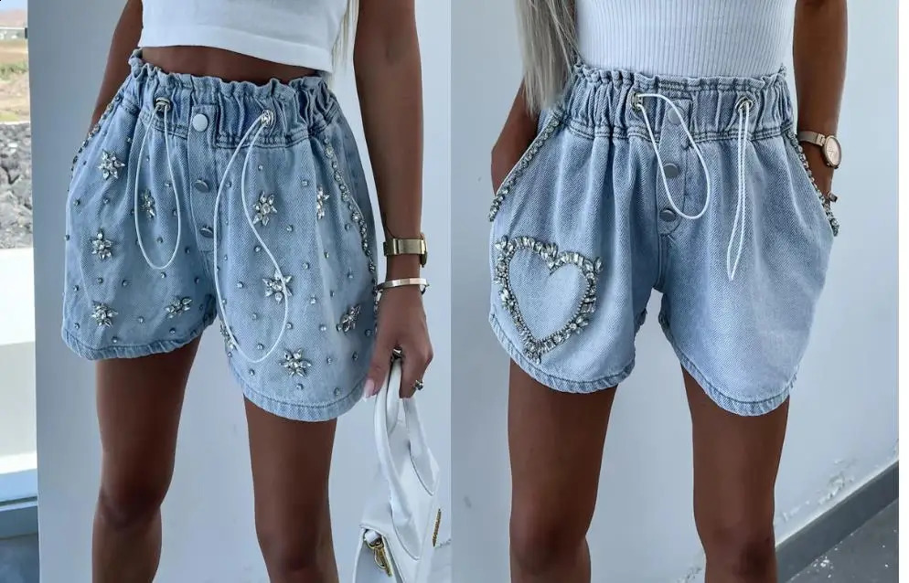 Womens Summer Shorts Leisure Commute Rhinestone Heart Pattern Drawstring Denim Shorts Women Basic Versatility Womens Shorts 250411