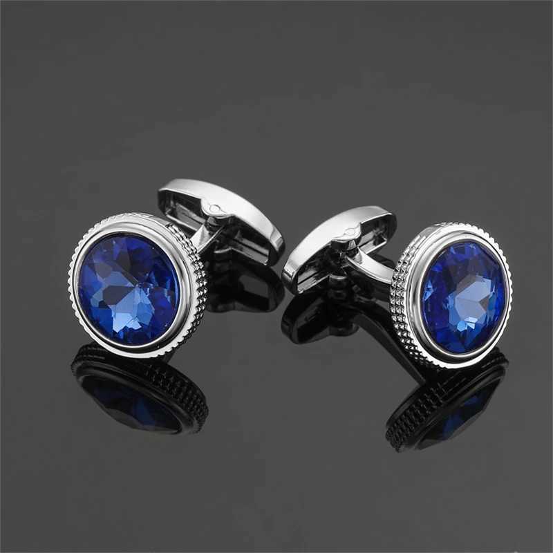 High end metal cufflinks mens French shirt luxury round blue crystal cufflinks wedding accessories jewelry giftsT250412