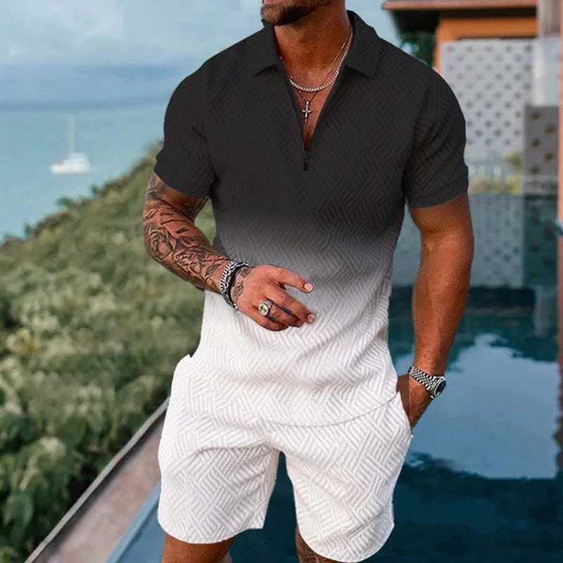 Fashion mens zipper solid color gradient print mens sportswear set summer casual zipper polo shirt and shorts 2-piece setXJ250412