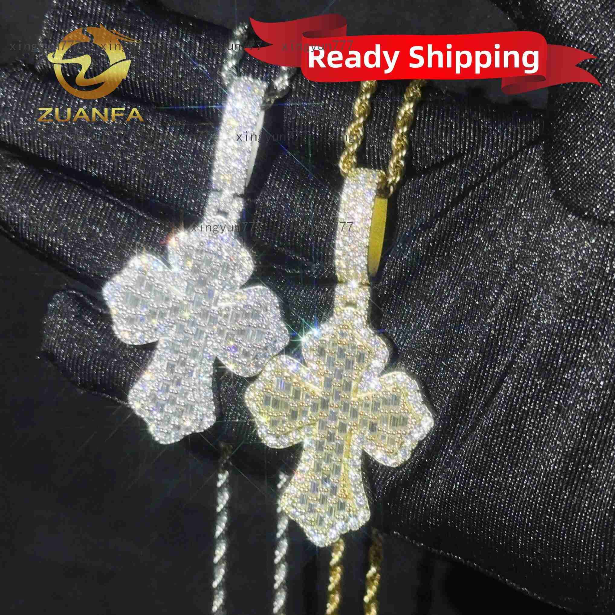 Read Shipping Hip Hop Jewelry Cross Pendant Silver 925 Iced Out Baguette Cut Moissanite Cross Pendant With Stainless Steel Chain