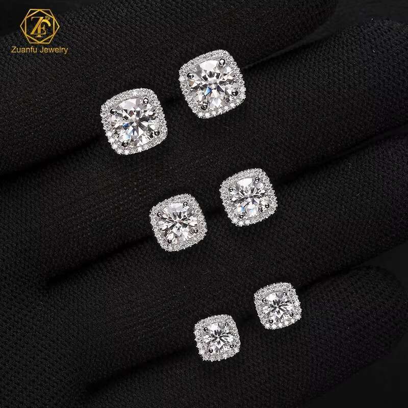 Dropshipping Square Shape 6.5mm 8mm Real Moissanite Earring Screw Back 1CT 2CT 925 Silver Ice Out Stud Earring for Women