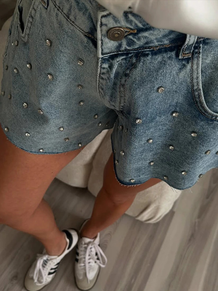 Women Diamonds Wide Leg Denim Shorts Vintage High Waist Short Jeans 2025 Summer Street Slim Basic Short Pants Trousers 250411