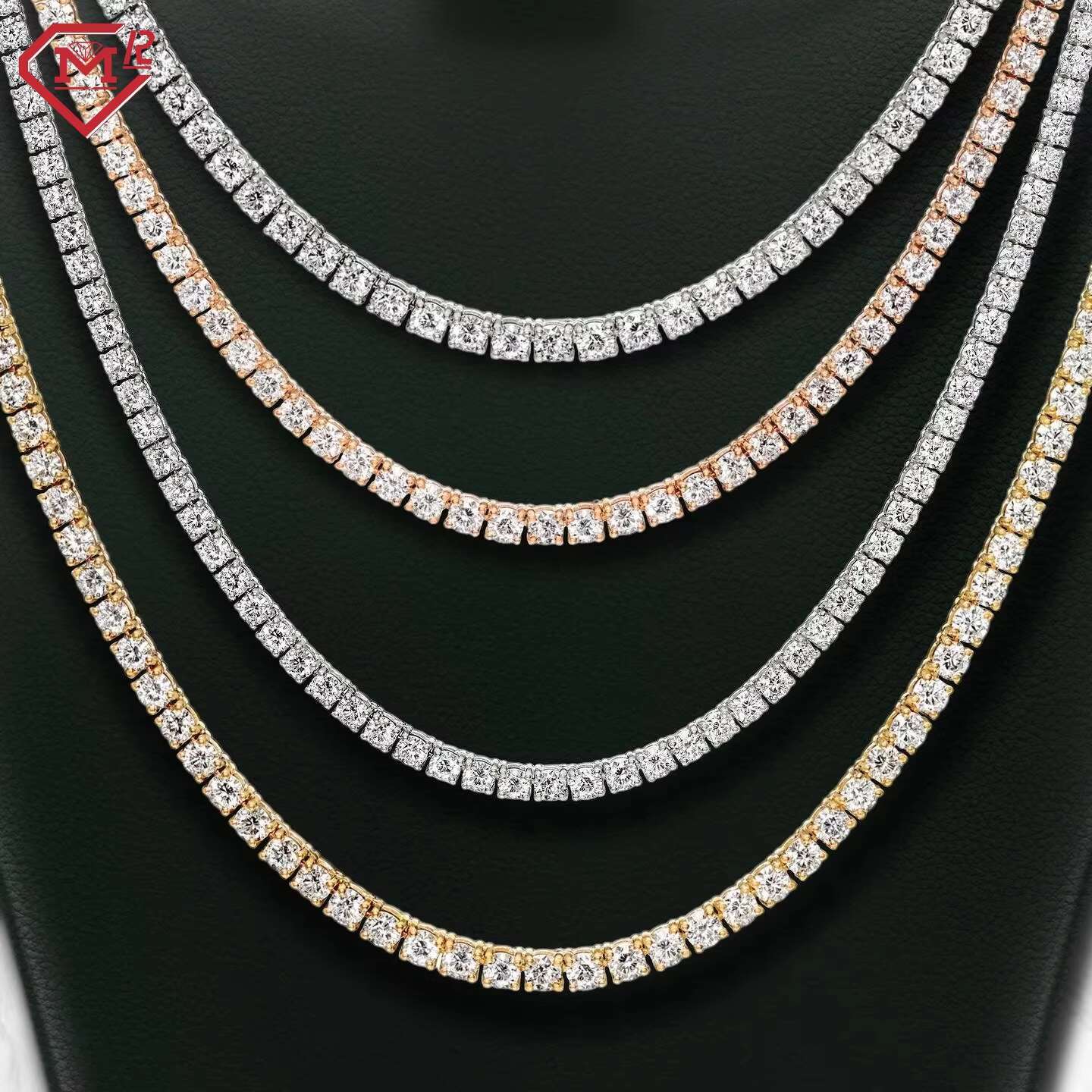 Wholesale Hiphop Tennis Chain Iced Out Gold White Gold Rose Gold Plated S925 VVS Moissanite Tennis Chain