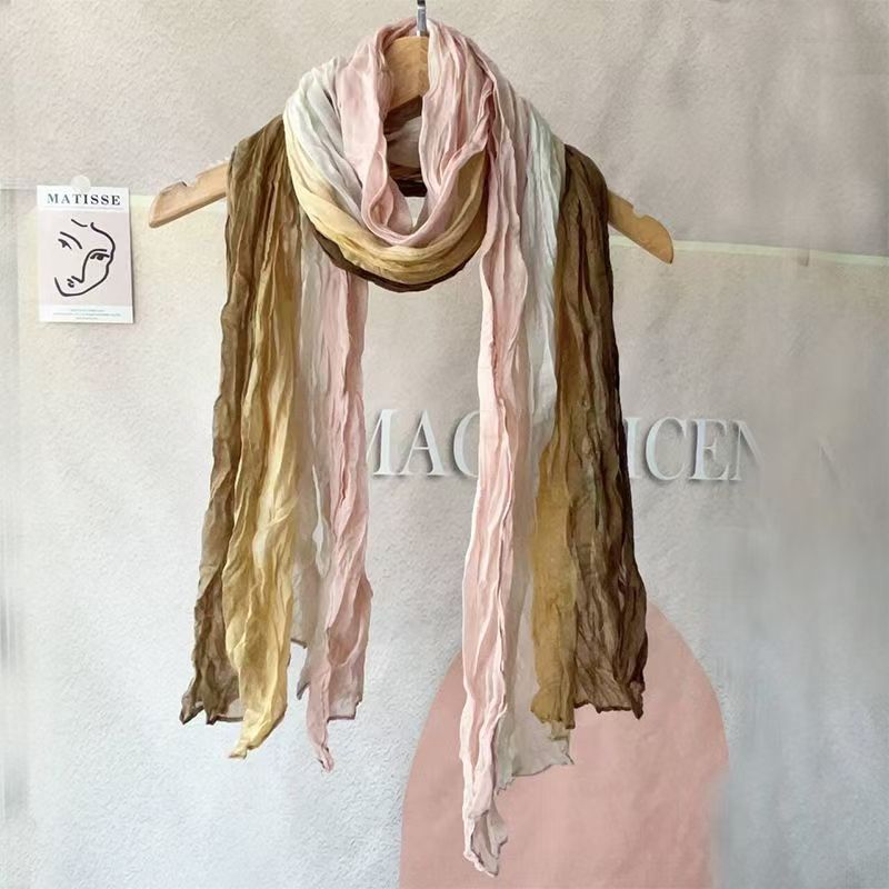 T461 autumn 2025 new cotton and linen thin scarf female retro gradient long shawl literary pleated warm neck scarf