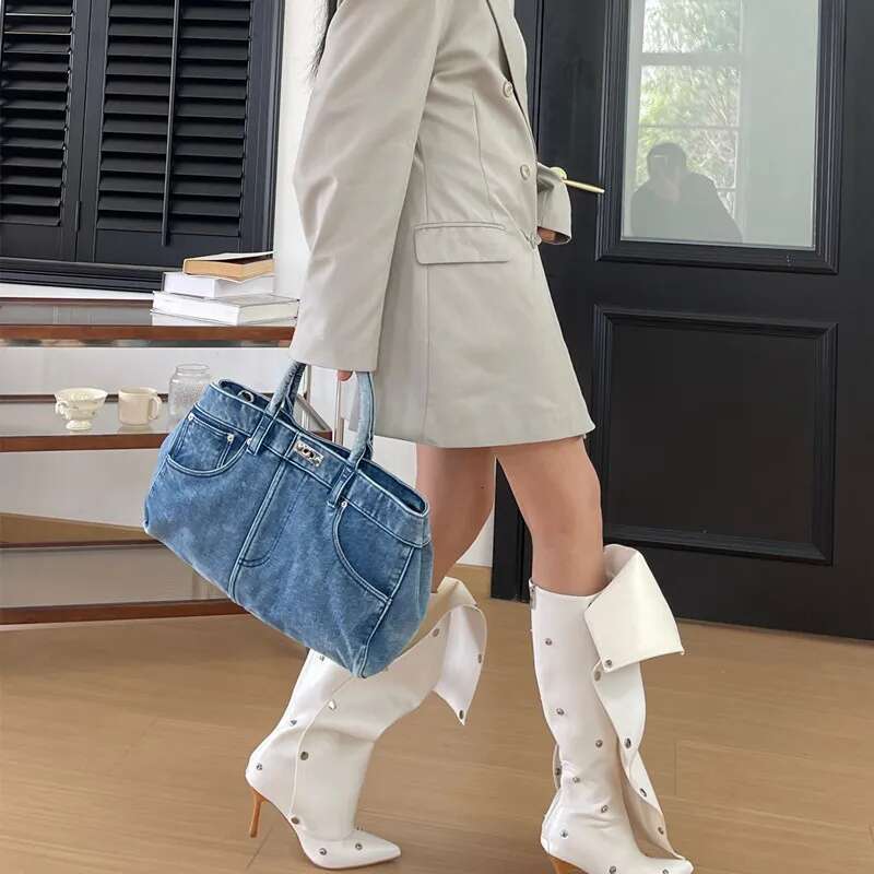 Niche Women's Design Trend Retro Distressed Denim & PU Tote New Large Capacity Simple Fashion Portable Shoulder Bag