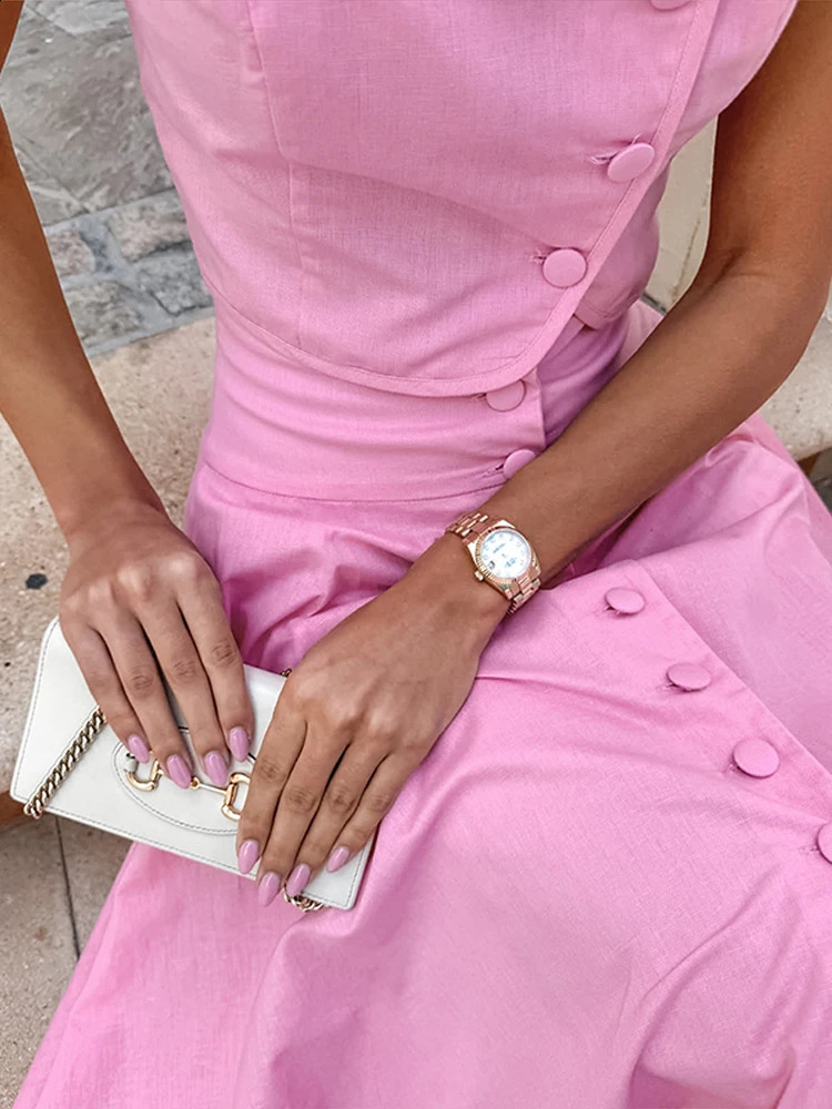 Women Vest Skirt Suit Solid O-neck Single Breasted Short Sleeve Short Top Button Wide Leg Skirts Female Summer Lady Beach Wears 250411