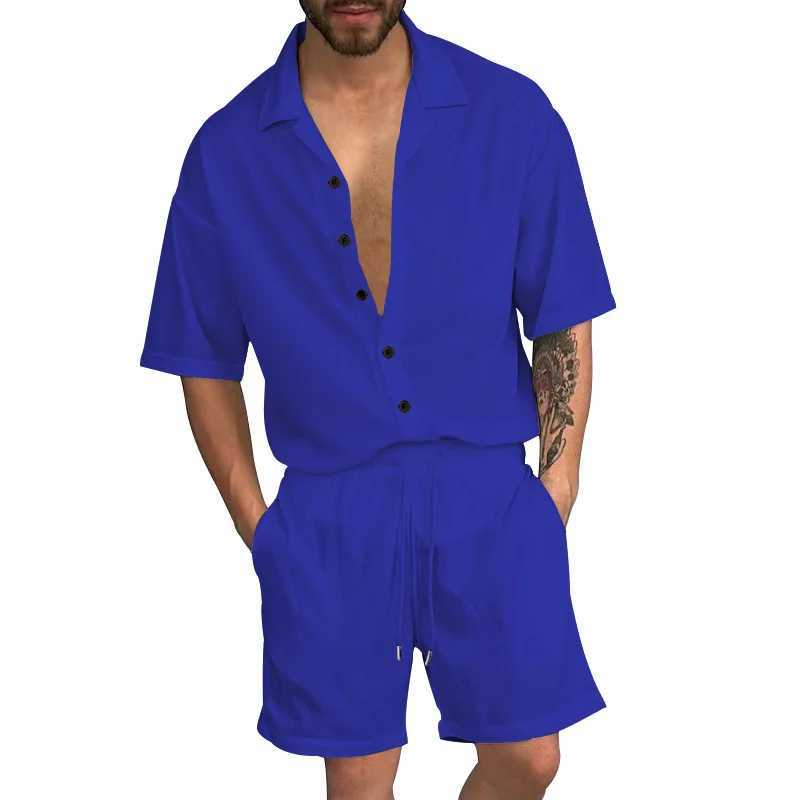 European and American summer set mens casual collar solid color shirt button up cardigan short sleeved set mens styleXJ250412