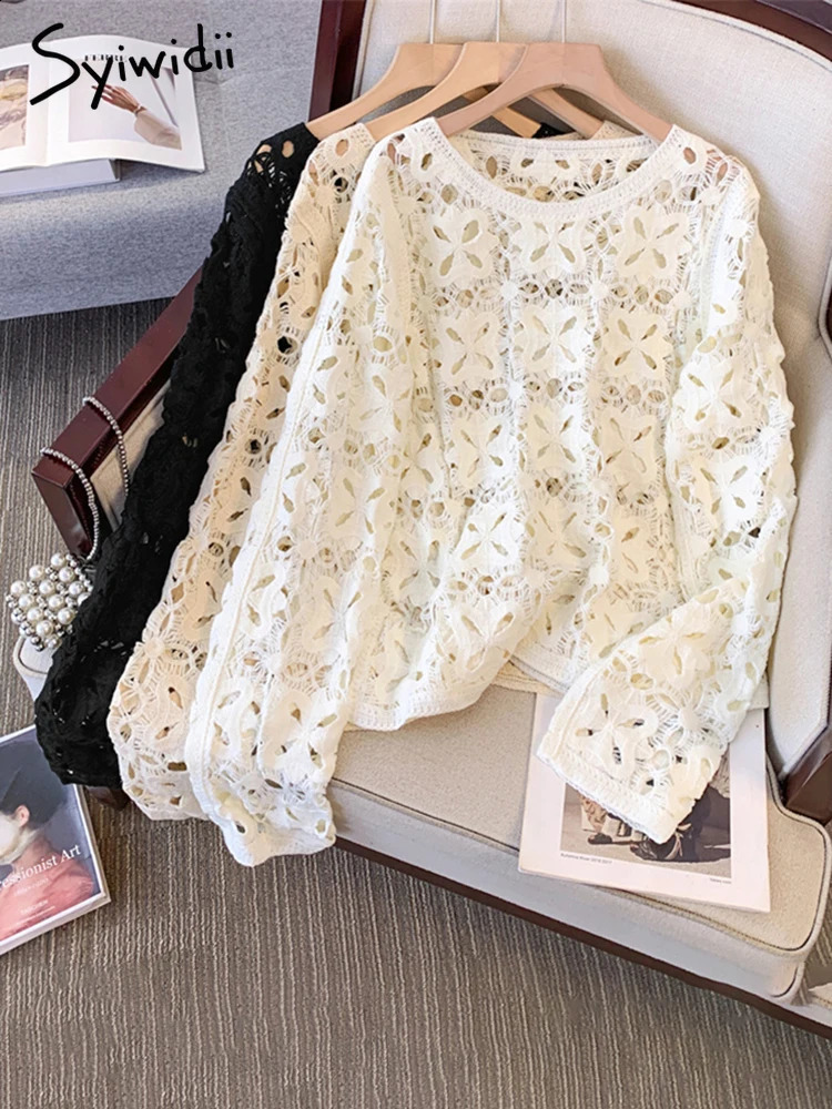 Syiwidii Pullovers for Women O-Neck Hollow Out Casual Knitted Tops Spring 2025 Fashion Long Sleeve Female Stretch Jumpers 250411
