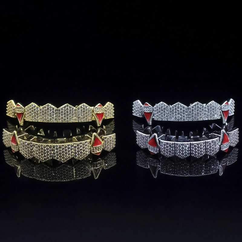 HipHop Hot Fans Shape Iced Out Teen Grizz Hip Hop Top and Bottom Grills Teeth Mouth Punk Hat Role Playing Party Jewelry Gifts W250412