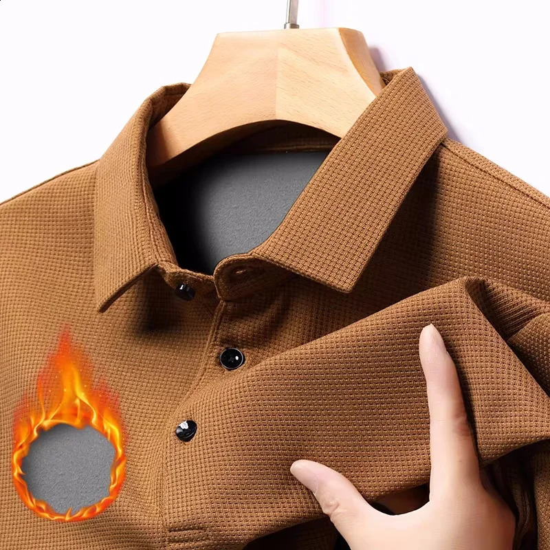 Waffle Fleece Thicken Fashion Polo Shirt Men Winter Warm Plush Business T-Shirt Tops Male Casual Button Lapel Long Sleeve Shirts 250409