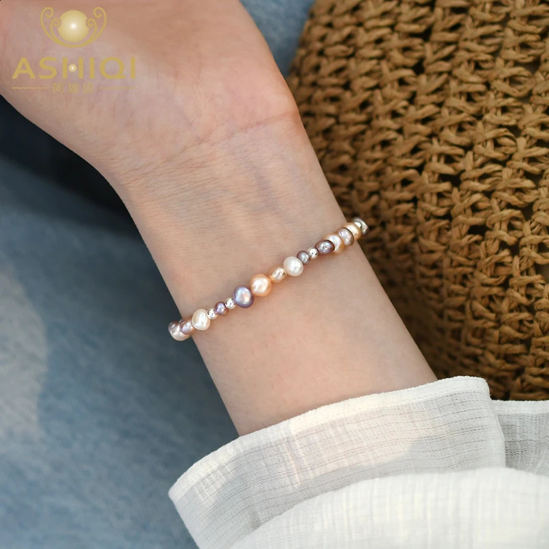 ASHIQI 5mm Natural Baroque Pearl Multi Color Bracelet 925 Pure Silver Jewelry 250409