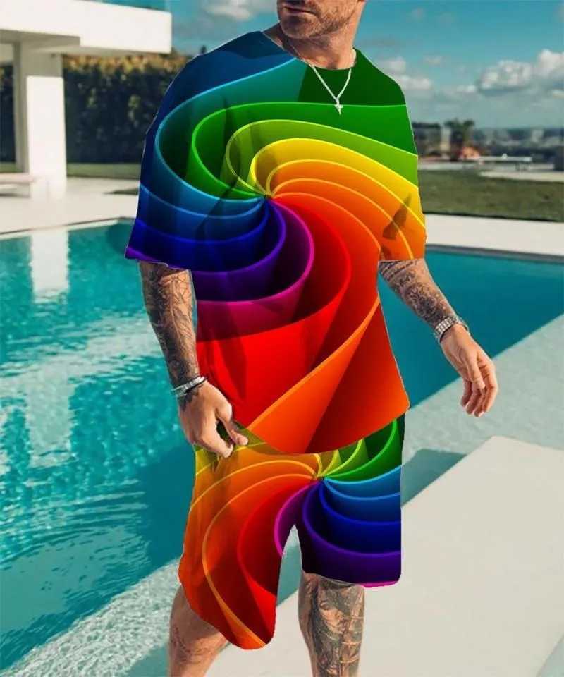 2024 new mens round neck T-shirt set with printed optical illusion pattern T-shirt two-piece set fashionable mens summer T-shirt setXJ250412